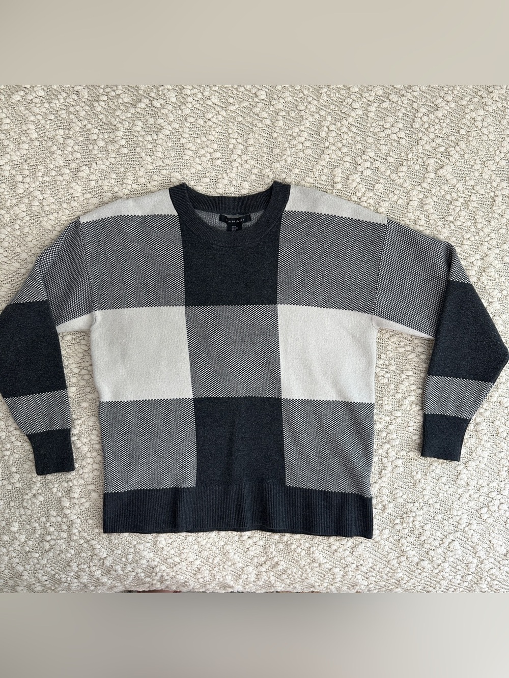 Tahari Womens Colorblock Check Grid Pullover Sweater Grey Black Size M